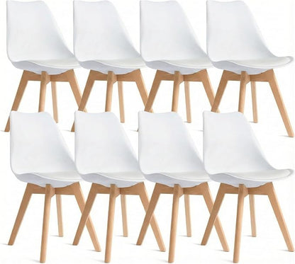 Dining Chairs Set of 8, Modern Upholstered Dining Room Chairs with PU Leather Padded Seat, Armless Kitchen Chairs with Curved Backrest and Solid Wood Legs for Dining Room, Kitchen, Apartment, White