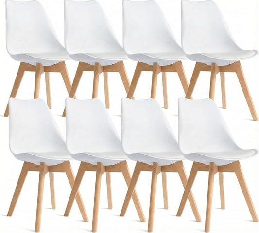 Dining Chairs Set of 8, Modern Upholstered Dining Room Chairs with PU Leather Padded Seat, Armless Kitchen Chairs with Curved Backrest and Solid Wood Legs for Dining Room, Kitchen, Apartment, White
