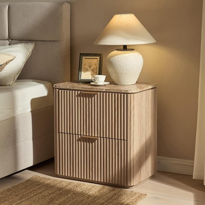 Fluted Nightstand with Faux Marble Top, Modern Bedside Table | FSC-Certified Engineered Wood, 24" H, 2 Drawers, Rounded Corner, Metal Handle, for Bedroom, Natural Oak