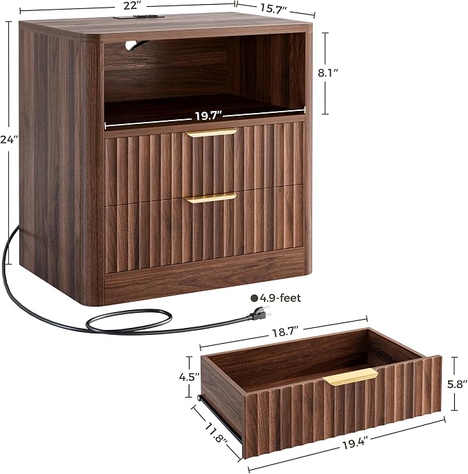 IRONCK Fluted Night Stand Set of 2, Modern Nightstand with Charging Station, Drawers and Open Shelves - Bedside Table Wood Side Table Set for Bedroom, Walnut