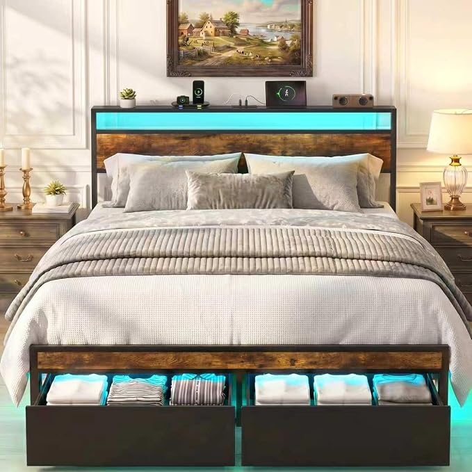 Full Bed Frame with 2 Drawers and Storage Headboard, Metal Platform with LED Lights and Charging Station, No Box Spring Needed, Noise Free, Easy Assembly