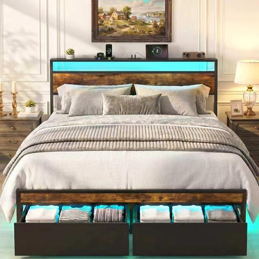 Full Bed Frame with 2 Drawers and Storage Headboard, Metal Platform with LED Lights and Charging Station, No Box Spring Needed, Noise Free, Easy Assembly