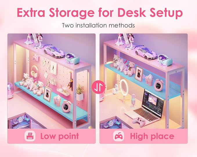 AODK L Shaped Desk Gaming Desk with LED Light & Power Outlet, 53 Inch Reversible L Shaped Computer Table with Shelf & Storage Bag & Hook for Home Office, Pink