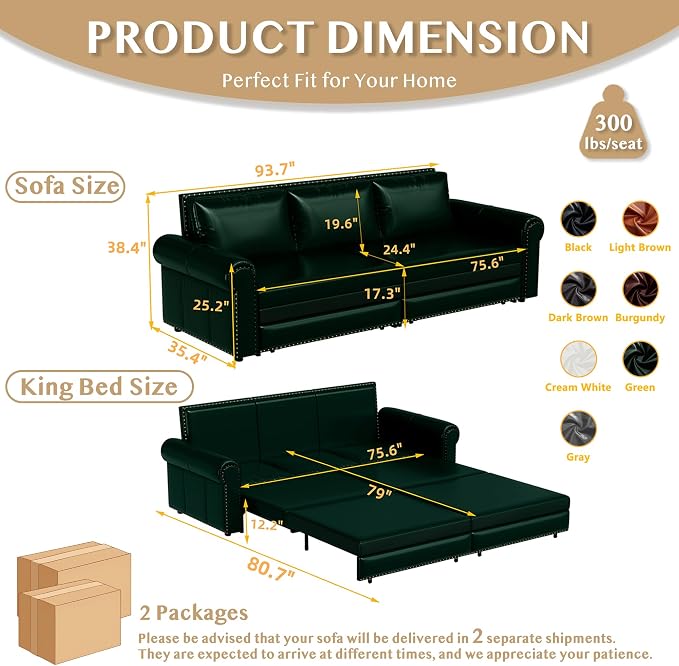 93.7" King Size Sleeper Sofa Bed, Pull Out Sofa Bed, Faux Leather Upholstery, 3 in 1 Convertible Sleeper Couch, Chaise Lounge, Retro Recliner for Living Room, Office, Apartment, Green