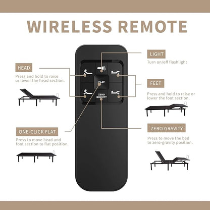 Dyonery Full Adjustable Bed Base Frame with Wireless Remote + 10 Inch Full Green Tea Gel Memory Foam Mattress Bed in a Box, Head and Foot Incline, Zero Gravity, Fiberglass Free, 75" × 54"