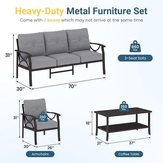 RoyalCraft Outdoor Patio Furniture Set, 5 Seats Outdoor Patio Set with 4" Thick Cushion, All-Weather Metal Patio Sofa with Coffee Table, Outdoor Sectional Furniture for Porch Backyard, Khaki&Grey