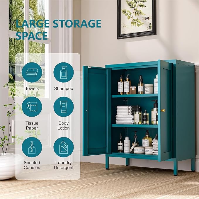 Metal Bathroom Cabinet, Small Floor Storage Cabinet, Freestanding Sideboard with 2 Adjustable Shelves for Living Room, Dining Room, Kitchen (Blue, 31.5" H-2 Doors)