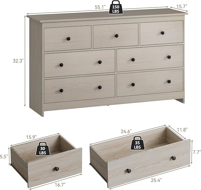 CARPETNAL Dresser for Bedroom, 7 Drawer Dresser 55” Wide Wood Chest of Drawers with Metal Handles, TV Stand, Furniture Storage Dressers Organizer for Living Room, Hallway, Entryway (Walnut)