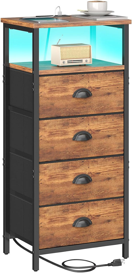sthmec Nightstand with Charging Station,LED Nightstand with 4 Fabric Drawers, Bedside End Tables, 2-Tier Open Storage Shelf Side Table Nightstand with Drawers for Bedroom,Rustic Brown