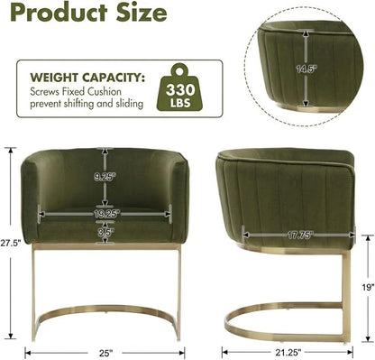 Hyfirm Olive Green and Gold Modern Barrel Dining Chairs Set of 2, Velvet Upholstered Accent Chairs with Curved Back for Kitchen Island, Luxury Comfort Seating Cantilever Metal Frame