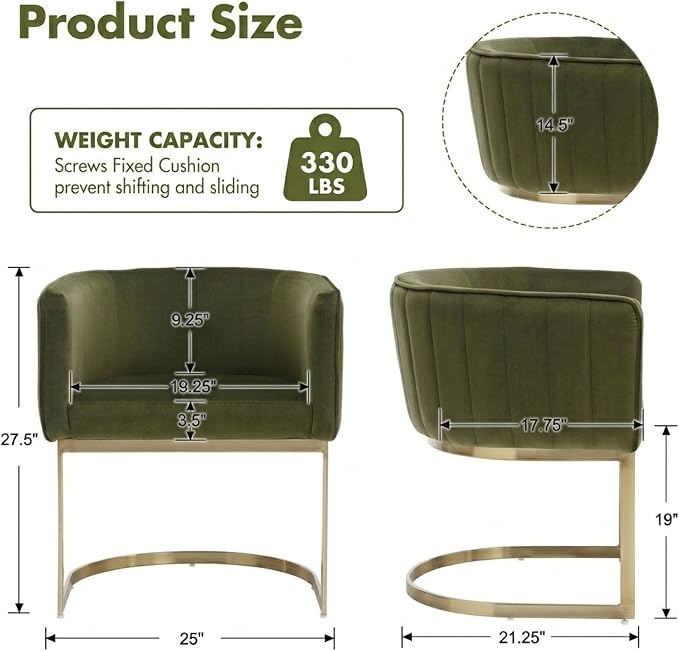 Hyfirm Olive Green and Gold Modern Barrel Dining Room Chairs Set of 6, Velvet Upholstered Accent Chairs with Curved Back for Kitchen Island, Luxury Comfort Seating Cantilever Metal Frame