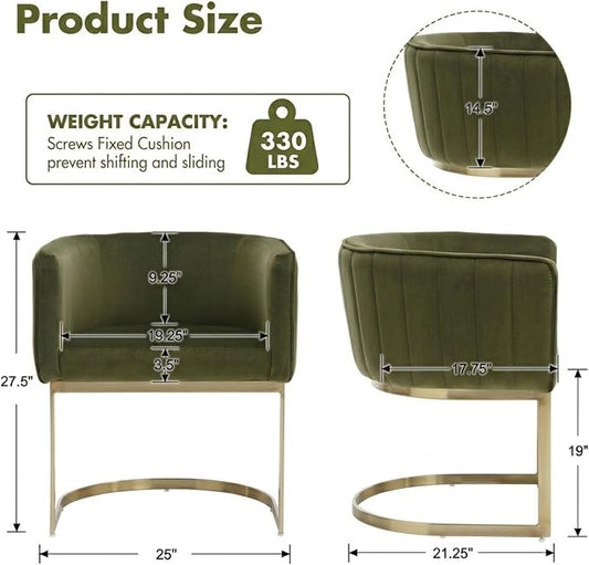 Hyfirm Olive Green and Gold Modern Barrel Dining Room Chairs Set of 4, Velvet Upholstered Accent Chairs with Curved Back for Kitchen Island, Luxury Comfort Seating Cantilever Metal Frame