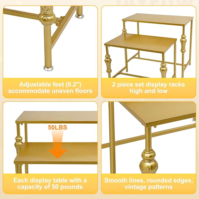 Retail Display Tables Gold Boutique Nesting Tables | 2 Piece Set, Vintage Display Table, Clothing Shoes Display Shelf, For Retail Stores, Carbon Steel