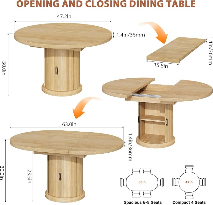 Jocoevol 47″–63″ Extendable Round Kitchen Dining Room Table for 4-6 with 2-Tier Storage Shelf Dust-Proof, Space Saving Expandable Wood Oval Circle Dinner Furniture with Pedestal Base (Natural Oka)