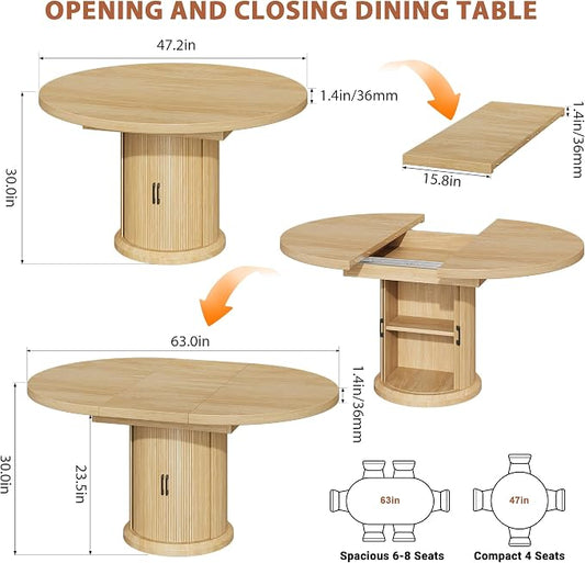 Jocoevol 47″–63″ Extendable Round Kitchen Dining Room Table for 4-6 with 2-Tier Storage Shelf Dust-Proof, Space Saving Expandable Wood Oval Circle Dinner Furniture with Pedestal Base (Natural Oka)