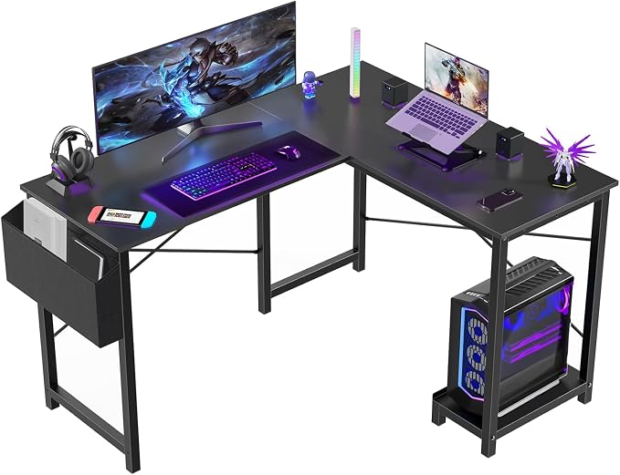 Sweetcrispy L Shaped Desk - Computer Gaming Desk Corner Desk | PC Table Organizer with CPU Stand Side Bag for Home Office Dorm Sturdy, Writing Workstation, Black, 50-Inch