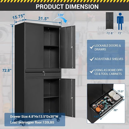 Fesbos 73" Metal Cabinet-Black Heavy Duty Rolling Storage Cabinet Steel Tool Cabinets with Wheels, Shelves, Lockable Doors and Drawers- for Garage, Pantry, Warehouse Home Office- Assembly Required