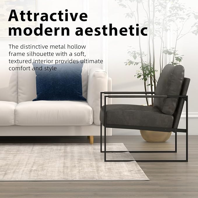 INZOY Leather Accent Chair with Metal Frame, Comfy Living Room Chair with Plump Cushion and Backrest, Mid Century Modern Chair with Sturdy Structure, Easy to Clean, Dark Grey