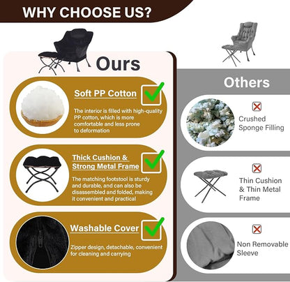Lazy Chair with Ottoman, Modern Accent Chair Sofa Chair with Armrests, Reading Chair and Folding Footstool for Living Room, Bedroom, Office, Plush Black
