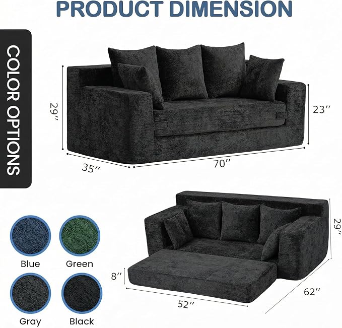 Boneless Couches 70", 3 Seater Boneless Couch with Pull Out Sofa Bed, Black Boneless Couch with 5 Pillows, Plush Velvet Sofa for Living Room & Bedroom