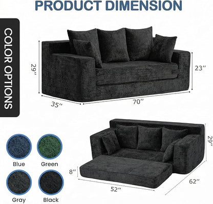 Boneless Couches 70", 3 Seater Boneless Couch with Pull Out Sofa Bed, Black Boneless Couch with 5 Pillows, Plush Velvet Sofa for Living Room & Bedroom
