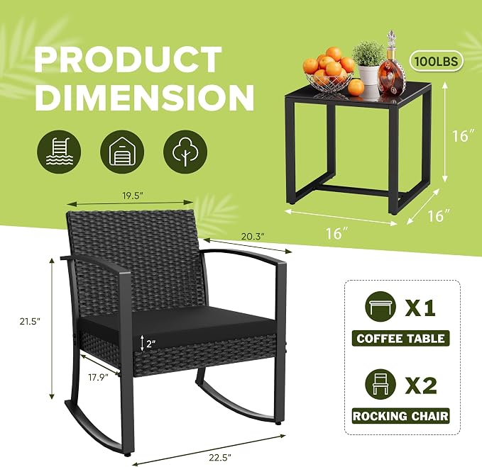 Black 3-Piece Resin Patio Bistro Set, Outdoor Rocking Chairs with Soft Cushions & Side Table, All Weather Furniture for Porch, Poolside, Balcony & Yard