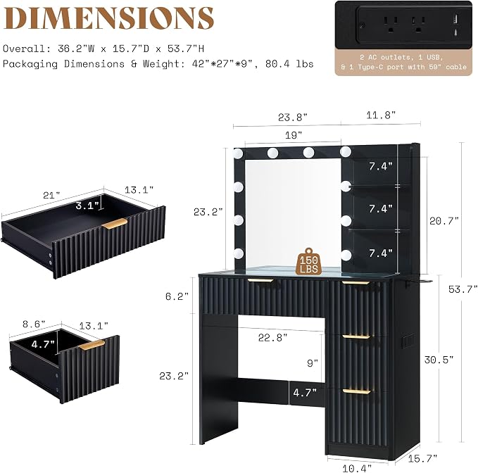 AMERLIFE 36.2" Fluted Vanity Desk with Mirror and Adjustable LED Lights, Large 4 Drawers Makeup Vanity Table with Glass Top and Charging Station for Women and Girls, Bedroom or Dorm, Black