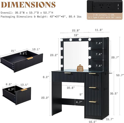 AMERLIFE 36.2" Fluted Vanity Desk with Mirror and Adjustable LED Lights, Large 4 Drawers Makeup Vanity Table with Glass Top and Charging Station for Women and Girls, Bedroom or Dorm, Black