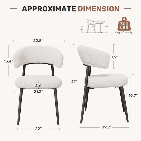 Dining Chairs Set of 6, Mid Century Modern Kitchen Chairs, Boucle Upholstered Dining Chair with Curved Backrest & Metal Legs for Kitchen Dining Room, White