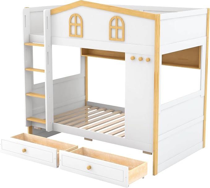 Merax Twin Over Twin Size House Bunk Bed with Storage Shelves & 2 Drawers, Solid Wood Space-Saving Loft Bed Frame with Safety Guardrails for Bedroom, White+Natural