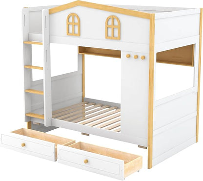Merax Twin Over Twin Size House Bunk Bed with Storage Shelves & 2 Drawers, Solid Wood Space-Saving Loft Bed Frame with Safety Guardrails for Bedroom, White+Natural