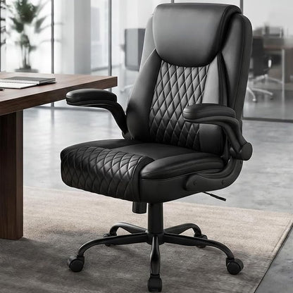 GTPOFFICE Executive Office Chair with Comfortable Lumbar Support, Ergonomic Gaming Chair with Flip-up Armrests & Zoned Pressure-Relief Cushion, Comfy PU Leather Desk Chair, Black