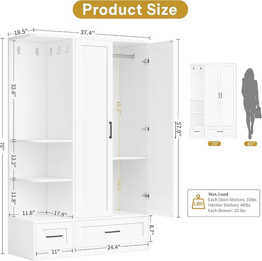 DynJest Armoire Wardrobe Closet with 2 Drawers, 70" Tall Clothing Storage Cabinet with Hanging Rod, 3 Open Shelves & 5 Hooks, 2 Doors Large Capacity Wooden Cabinet for Bedroom, White