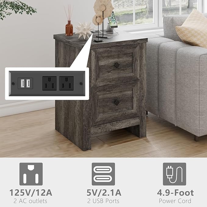 LUXOAK 5-Piece Farmhouse Bedroom Set, 1 X Queen Size Bed Frame, 1 X 5 Drawer Dresser, 1 X Wood Rustic 6 Drawer Storage Dresser, Nightstand Set of 2 with Charging Station, Bedroom Furniture Set, Grey