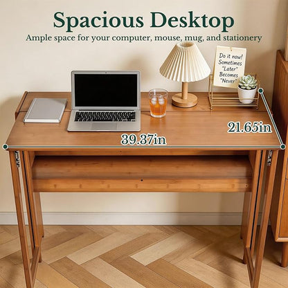 41'' Bamboo Folding Desk with Bookshelf, Space-Saving Computer Desk, Mid Century Modern Foldable Study Table for Home Office, Bedroom, Small Spaces - Brown