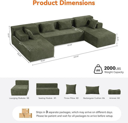 MONVANE 141" U Shaped Cloud Sectional Couch with Chaise Lounge, Modular Sectional Sofa with Removable Armrests, Comfy Corduroy Boneless Couches for Living Room, No Assembly Required, Green