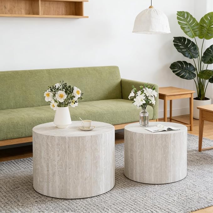 Round Nesting Coffee Tables Modern Travertine Coffee Table Small Round Coffee Tables Circular Side Table Accent End Table Nested Coffee Table Set for Living Room (Travertine)