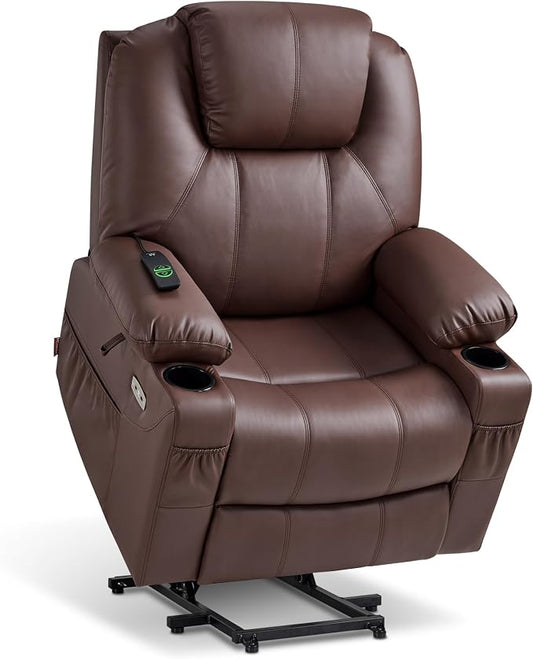 MCombo Large Power Lift Recliner Chair with Massage and Heat for Tall Elderly People, 3 Positions, Cup Holders, and USB Ports, Faux Leather 7516 (Large, Light Brown)