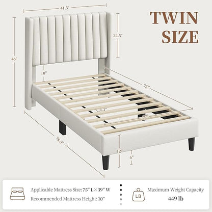 Yaheetech Twin Bed Frame Upholstered Platform Bed with Fabric Headboard, Wing Edge Design/Non-Slip and Noise-Free/Wooden Slats Support/No Box Spring Needed/Easy Assembly, Ivory Twin Bed
