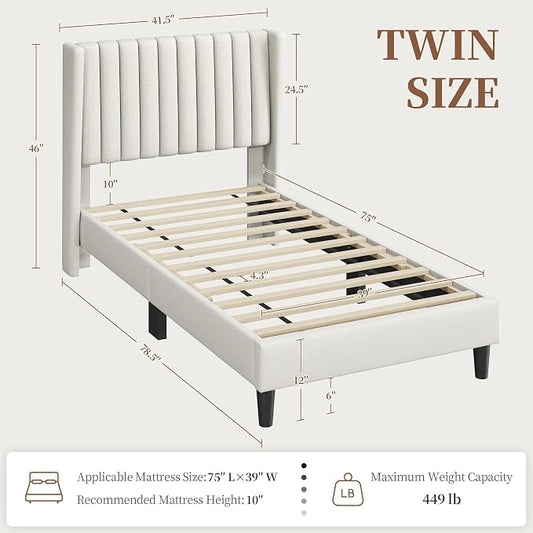 Yaheetech Twin Bed Frame Upholstered Platform Bed with Fabric Headboard, Wing Edge Design/Non-Slip and Noise-Free/Wooden Slats Support/No Box Spring Needed/Easy Assembly, Ivory Twin Bed