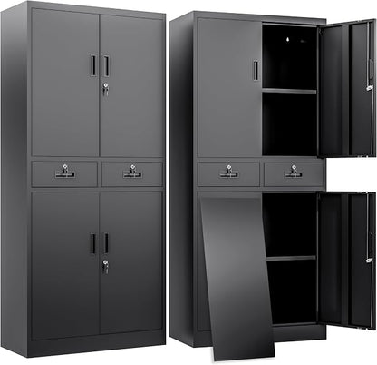BESFUR Metal Storage Cabinet with 2 Drawers 4 Doors and 2 Adjustable Shelves Garage Storage Cabinet with Lock 71" Office Storage Cabinets Locking Cabinets for Garage Office Shop Home (Black)
