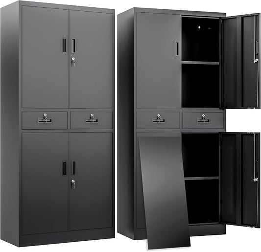 BESFUR Metal Storage Cabinet with 2 Drawers 4 Doors and 2 Adjustable Shelves Garage Storage Cabinet with Lock 71" Office Storage Cabinets Locking Cabinets for Garage Office Shop Home (Black)
