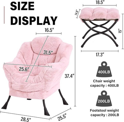 Lazy Chair with Ottoman, Modern Accent Chair Lounge Leisure Sofa Chair with Armrests, Reading Chair and Folding Footstool for Living Room, Bedroom, Office, Plush Pink
