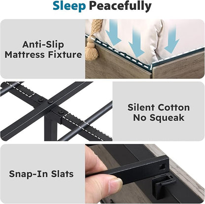 Kiivakii Twin Size Bed Frame with 4 Storage Drawers, LED Platform Bed with Headboard, Built in Charging Station, Noise-Free, Metal Support Base, No Box Spring Needed, Gray