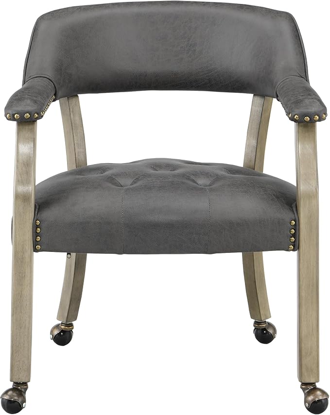 LEEMTORIG Set of 8 Dining Chairs with Casters and Arms, Rolling Dining Chairs with Wheels for Elderly, Ergonomic Wide Seat Wooden Office Desk Chair, 26"Dx25.2"W, Grey Legs&Dark Grey Fabric SY-1318-GY