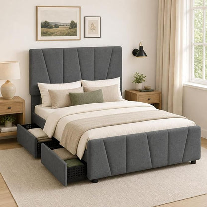 Full Size Bed Frame with Upholstered Headboard & 4 Storage Drawers with Wheels, Platform Bed Frame with Wooden Slat Support, Adjustable Headboard, No Box Spring Needed, Noise-Free, for Bedroom