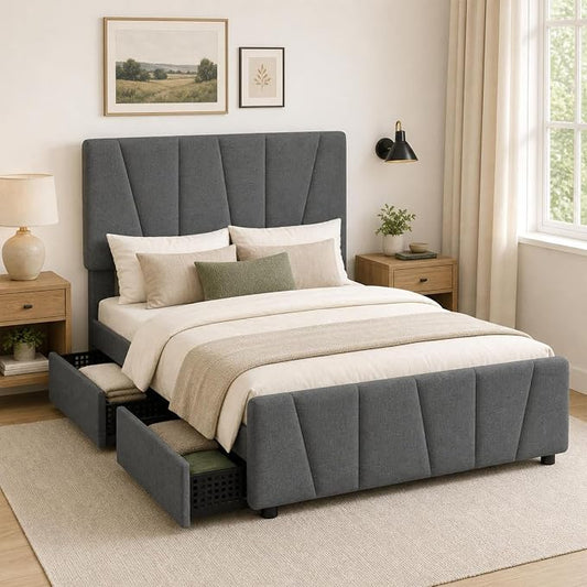 Full Size Bed Frame with Upholstered Headboard & 4 Storage Drawers with Wheels, Platform Bed Frame with Wooden Slat Support, Adjustable Headboard, No Box Spring Needed, Noise-Free, for Bedroom