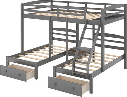 Wood Triple Bed Bunk Bed with 2 Storage Drawers, 3-in 1 Full Over Twin & Twin Bunk Bed Frame with Built-in Middle Drawer, Guardrail Ladder for Kids Teens Adults, Maximized Space Design (Grey-full)