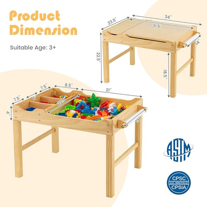 HONEY JOY Kids Table, 2 in 1 Toddler Wooden Activity Table with Paper Roll, Convertible Building Block Tabletop, 3 Storage Compartments, Children Furniture Set for Daycare, Playroom, Natural