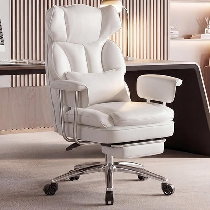 DUMOS Home Office Desk Executive Chair, Big Tall High Back, Snow White | Ergonomic Chair with Footrest & Lumbar Support, Height Adjustable, Comfy PU Leather Computer Gaming with Swivel Wheels